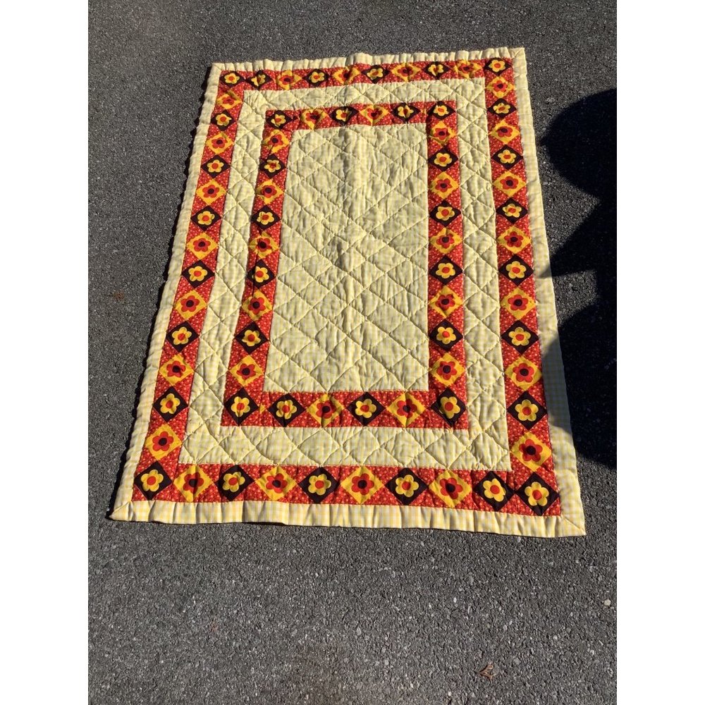 Nice Vintage Quilted/Stitched Throw flowers yellow, red and black